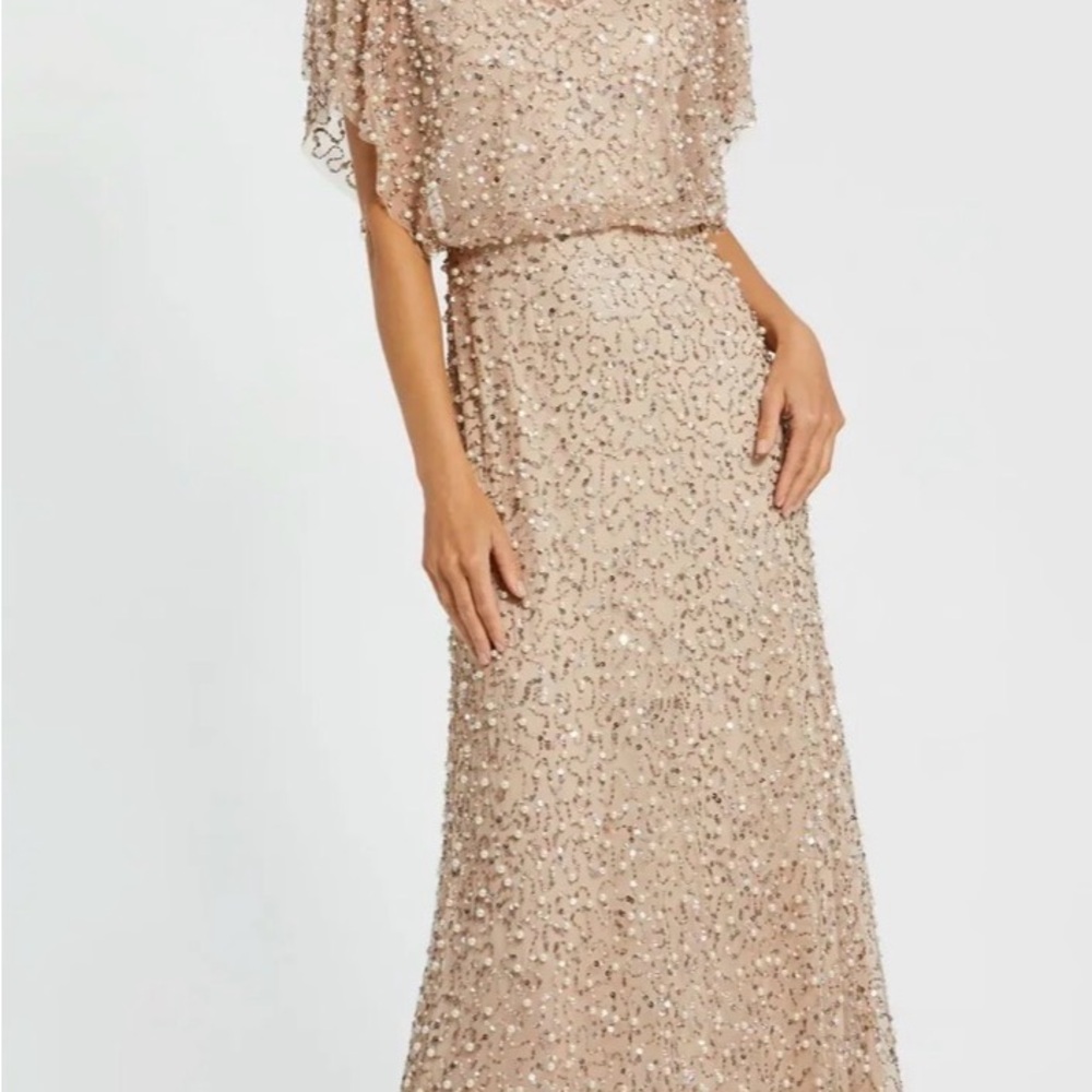 Mac Duggal Beaded Mesh Cape Gown